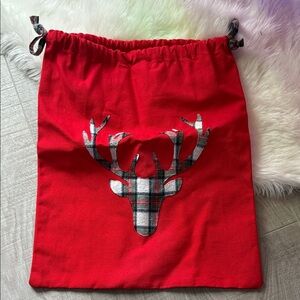 NEW Red Drawstring Bag with Plaid Deer Design